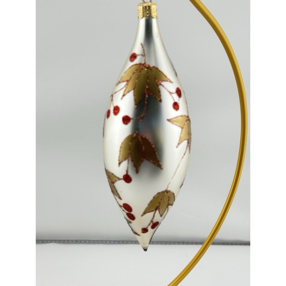 Vintage Hand Blown Glass Christmas Ornament Silver w/ Gold Leaves Berries 7" - Picture 2 of 5